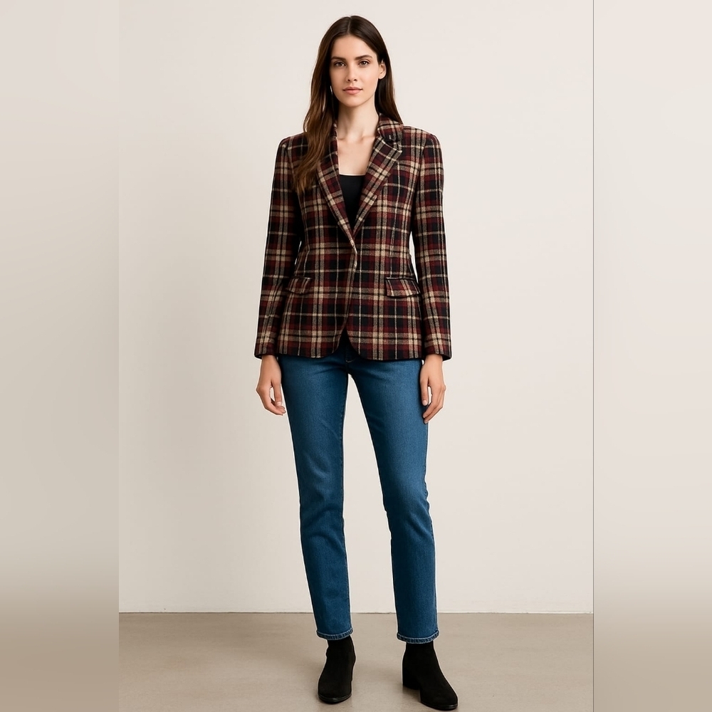 Vintage Sag Harbor Blazer Jacket Oversized Wool Blend Plaid (Women)